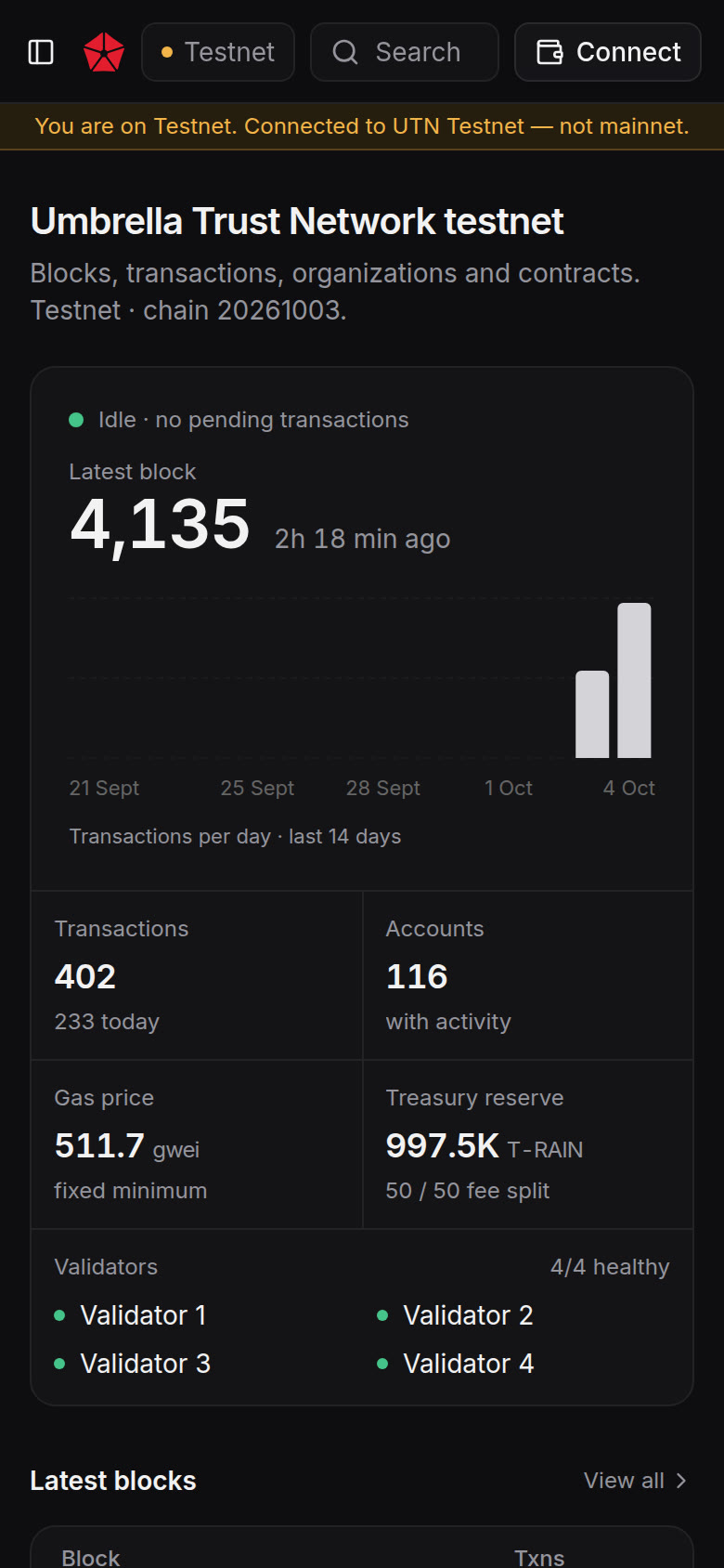 UTN Scan on a phone, with the latest block and recent activity