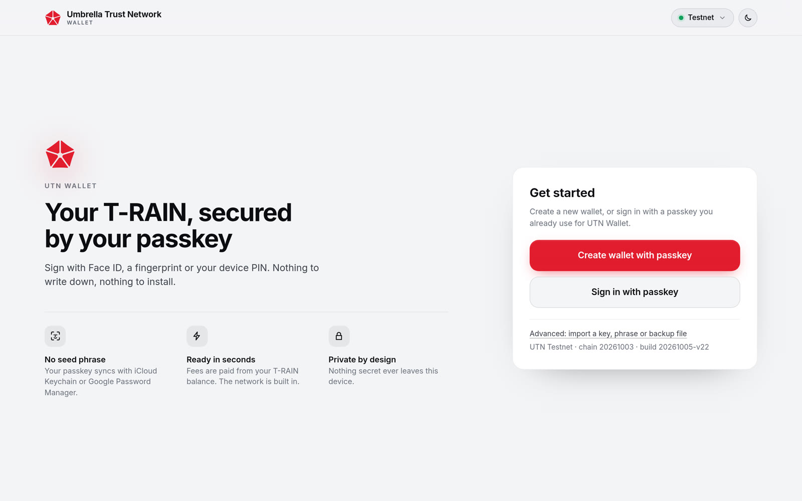 UTN Wallet on a desktop, ready to create a passkey account
